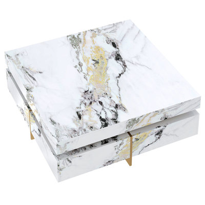 Modern Square Marble Textured Coffee Table With 4 Drawers And Suspended Base