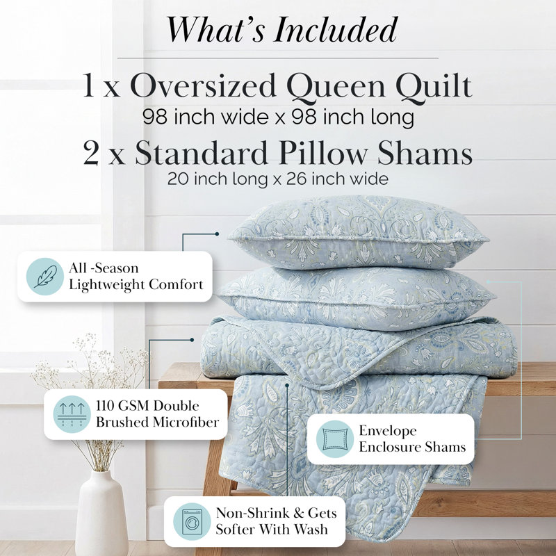 Grace Dark Blue Microfiber Quilt Set, Queen Quilt + 2 Standard Shams
