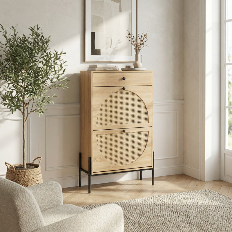 Armoire de rangement mince pour chaussures avec façades en rotin et tiroir pour l'organisation du vestibule