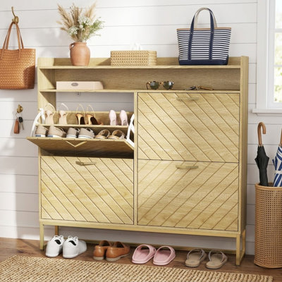 Range-chaussures à 4 tiroirs en bois naturel avec tablettes réglables et pieds en métal