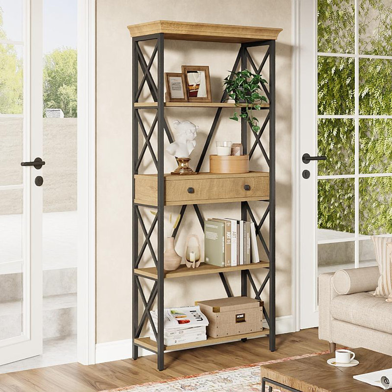 Industrial Bookshelf With Drawers, 70.9" Tall Bookcase Open Shelf And Stable X Frame For Living Room, Office, Bedroom, 1