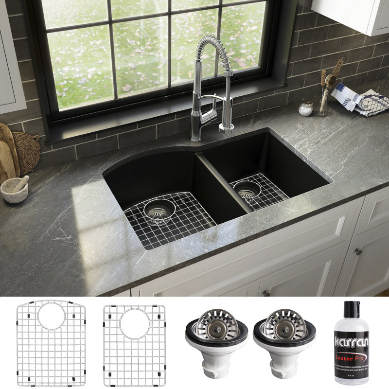 Karran Quartz 32'' X 21'' Double Bowl 60/40 Undermount Kitchen Sink Kit, Black