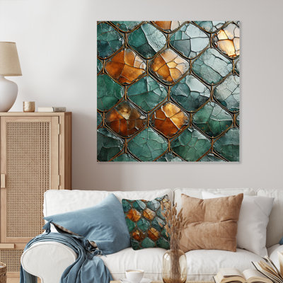 Carreaux de mosaïque en marbre vert et or II - art mural abstrait en métal