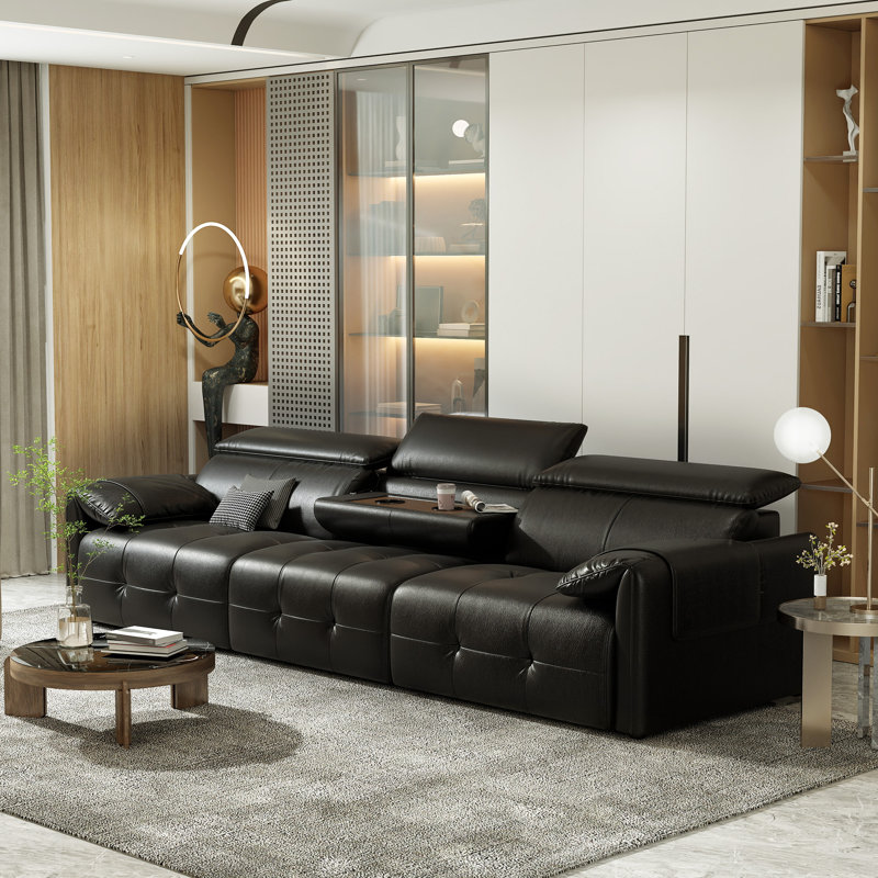 122" Genuine Leather Modern Modular Sofa with Adjustable Headrest and Cupholder, Black