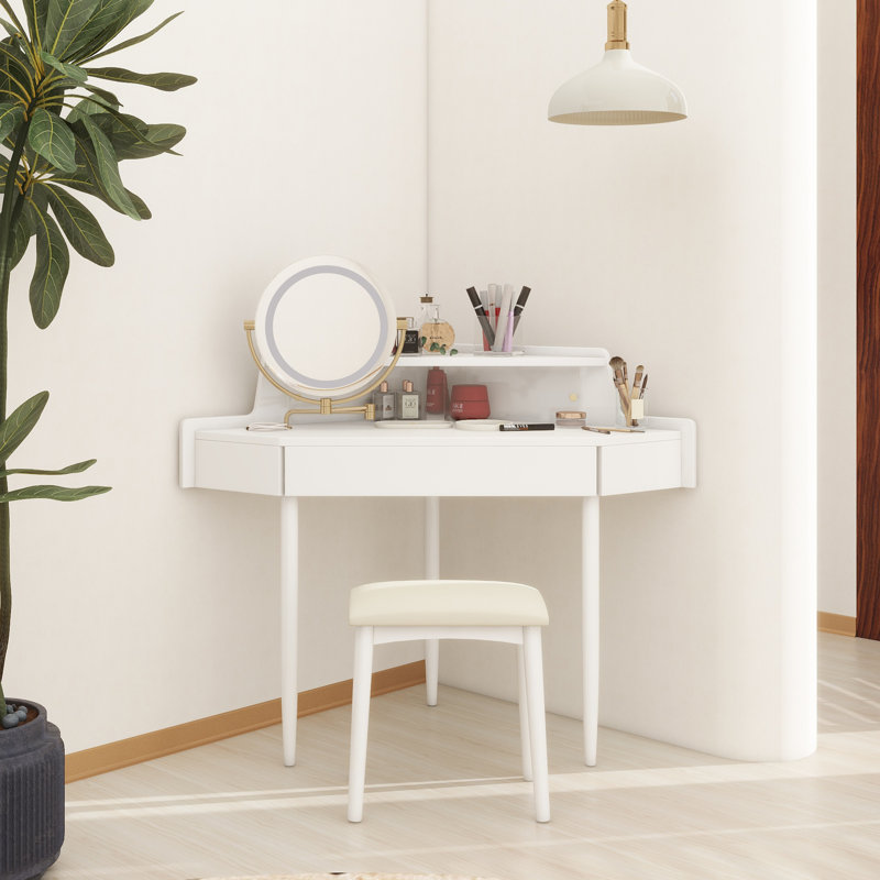Modern Corner Makeup Vanity Desk With Large Storage, LED Mirror & Stool, Brightness Adjustable, Space-Saving For Small Places, White