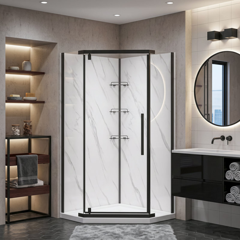 Capri 38'' W 79'' H Neo Angle Pivot Frameless Corner Shower Kit in Black, Black
