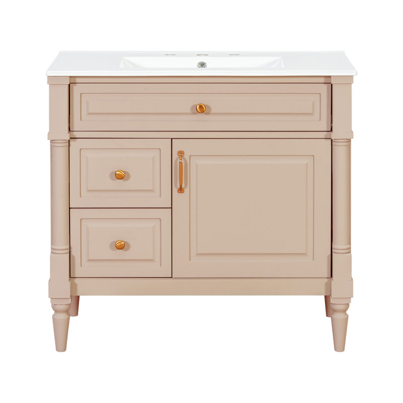 Elegant 36'' Bathroom Vanity With Ceramic Sink, Light Pink