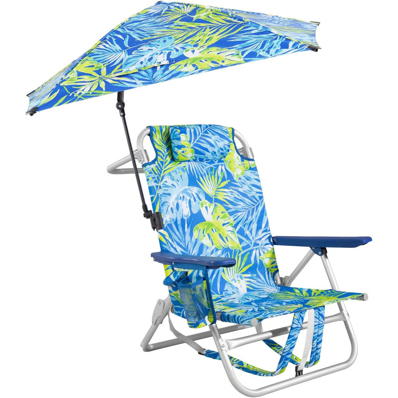 Beach Chair, Backpack Chairs For Adults With Adjustable Umbrella， Adjustable Lounge Chair For Seaside, 1, Blue/Green Floral