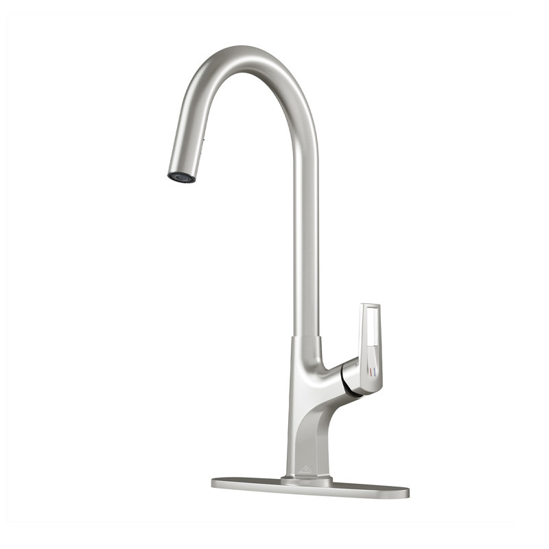 Robinet de cuisine rétractable à poignée simple avec plaque de comptoir, Nickel brossé