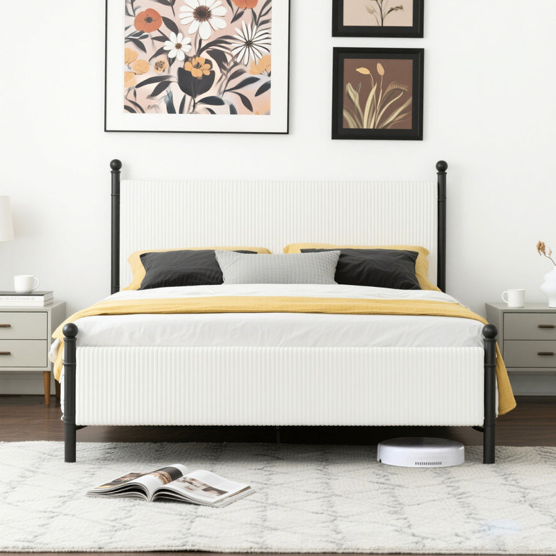 corduroy Velvet Upholstered Metal Platform Bed,with Headboard,  Queen