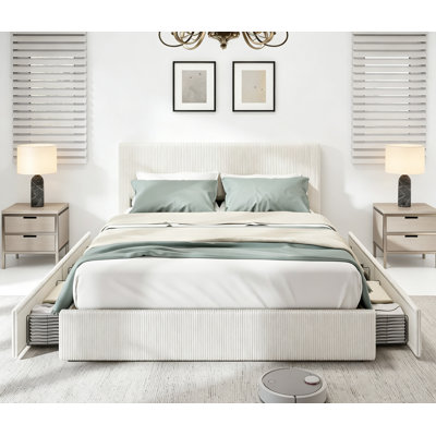 Bed Frame, Full/Queen/King Platform Bed w/ 4 Storage Drawers, Upholstered Corduroy Channel Tufted Headboard Bed Frame w/ Strong Wooden Slat Support