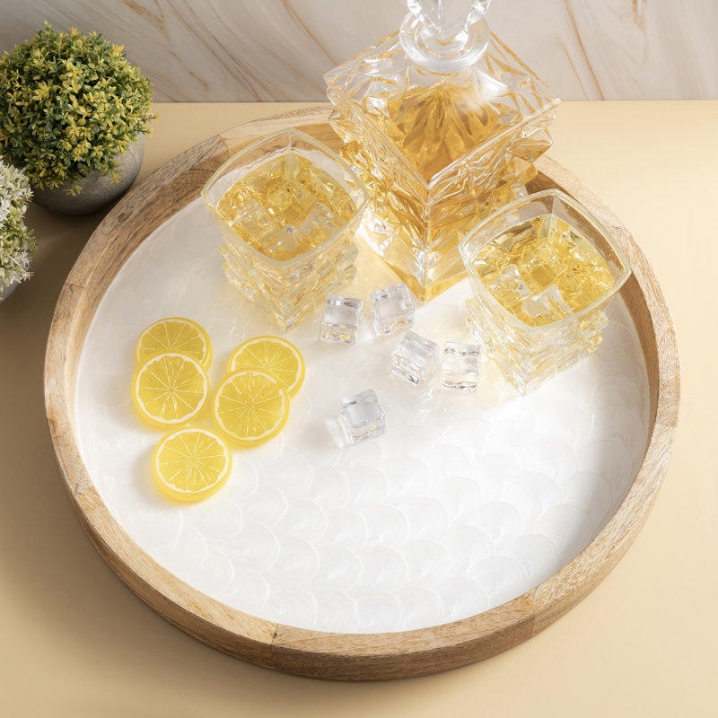 Mango Wood Tray With White Pearl Enamel