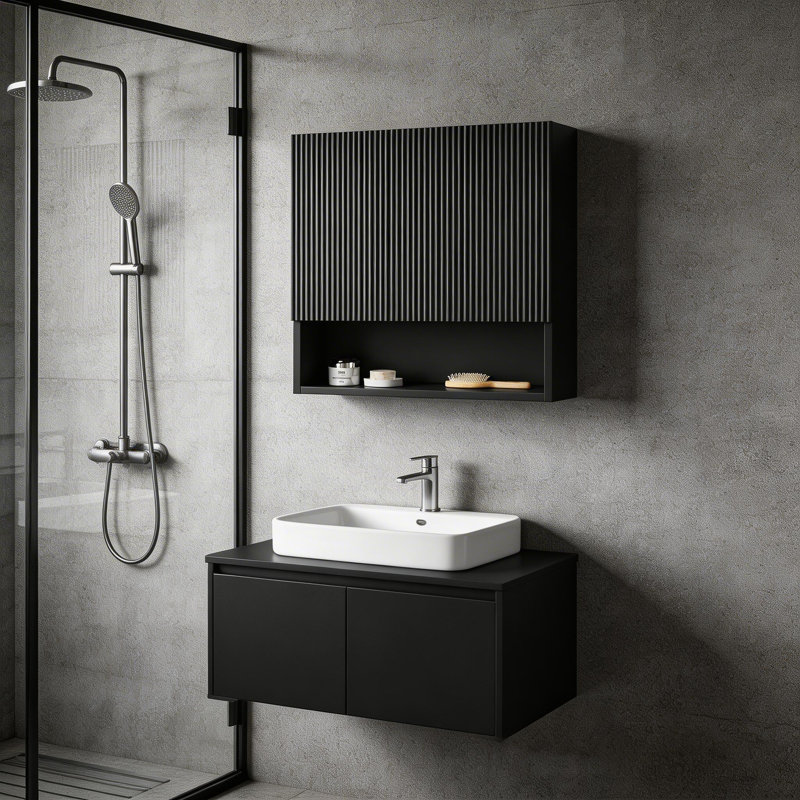 Armoire de salle de bain murale rayée 26 "avec porte, tablette et compartiment ouvert 26", Noir
