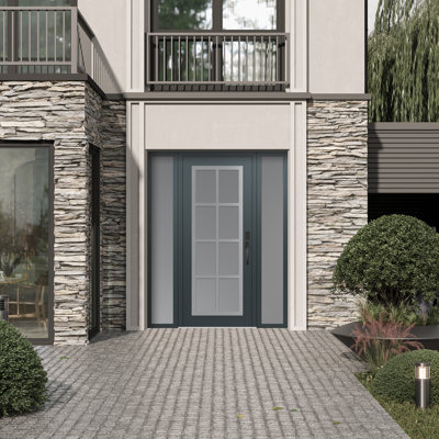 C16 à gauche 64 po X 80 po Panneau d'entrée en acier argenté anthracite et verre givré anthracite avec 2 portes avant en verre givré