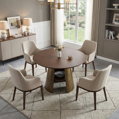 Table de salle à manger ronde 47,25 "avec plateau en panneau de fibres à densité moyenne et structure en métal bronze, finition noyer brossé, sièges 4-6