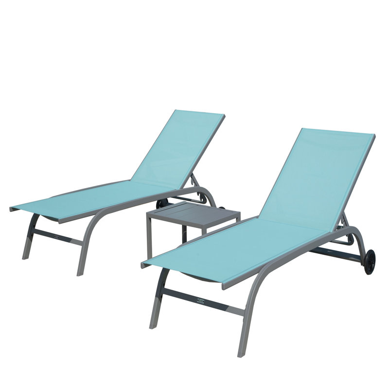 Braylen Patio Adjustable Aluminum Chaise Lounge Set of 3 with Table, Lake Blue