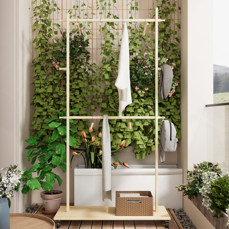 Portemanteau, portemanteau avec roues et 6 cintres en bois pour chambre à coucher, salon, vestibule