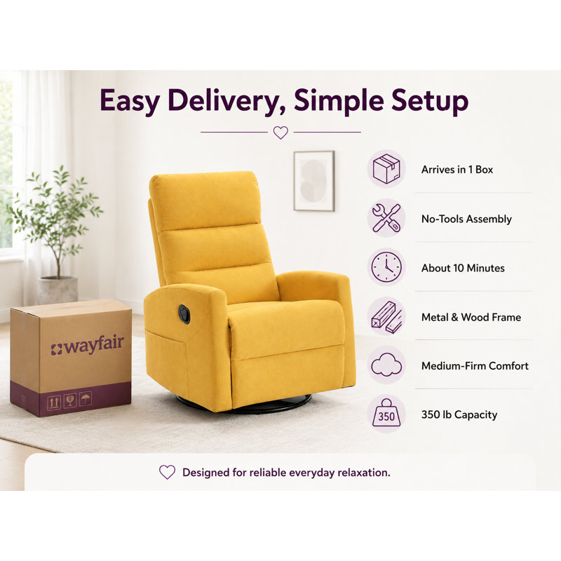 Fauteuil inclinable berçant manuel pivotant de 26,4 po de largeur avec poche latérale, Jaune