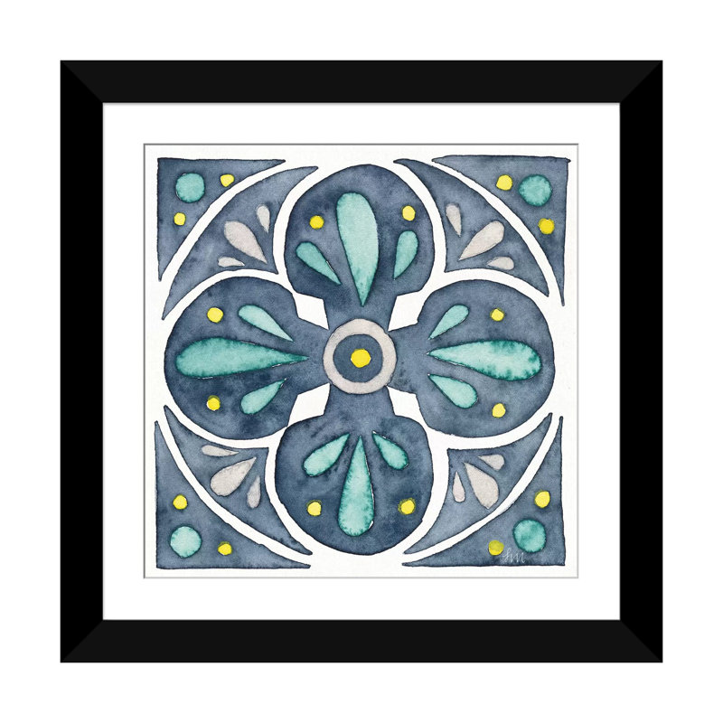 «Garden Getaway Tile VI Blue» par Laura Marshall - Impression sur toile tendue sur châssis, Papier beaux-arts encadré noir