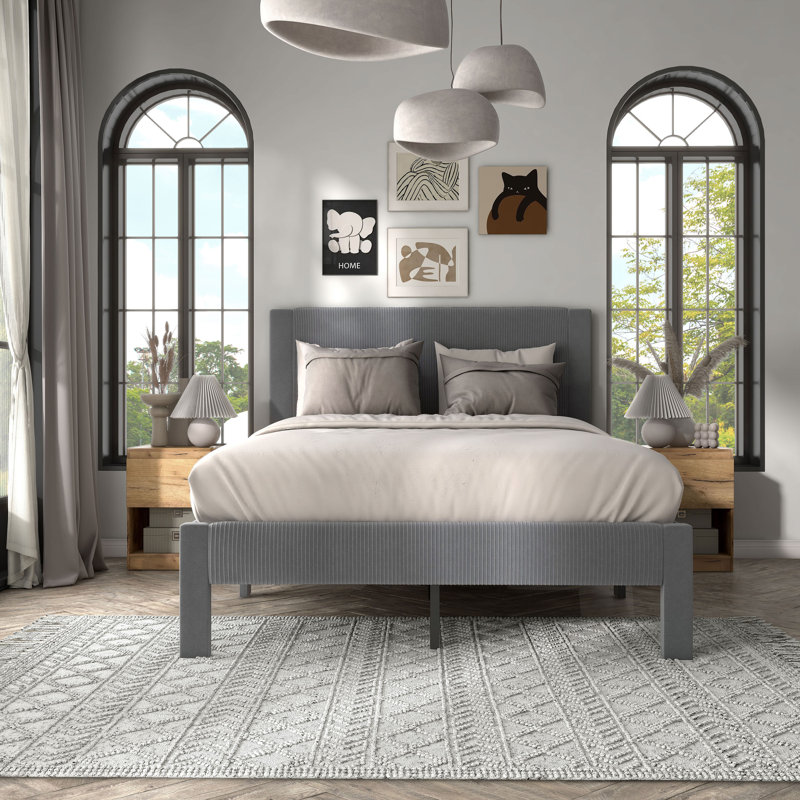 Upholstered Unfinished Platform Bed, Gray, Full
