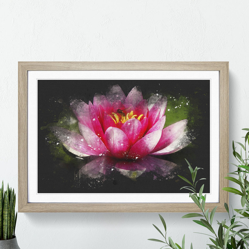 Pink Water Lily Flower Vol.3 - Picture Frame Graphic Art, Oak Framed, 65cm H x 90cm W x 2cm D