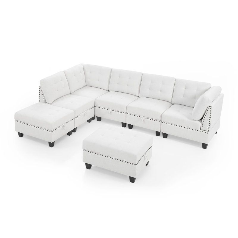 Modular Sectional Sofa,DIY Combination Upholstered Sectional Sofa with Storage, Reversible, Ivory Chenille