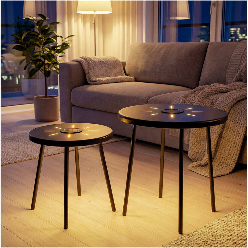 Ensemble de 2 tables d'appoint à énergie solaire avec éclairage DEL, ensemble de tables de bout rondes pour l'intérieur et l'extérieur