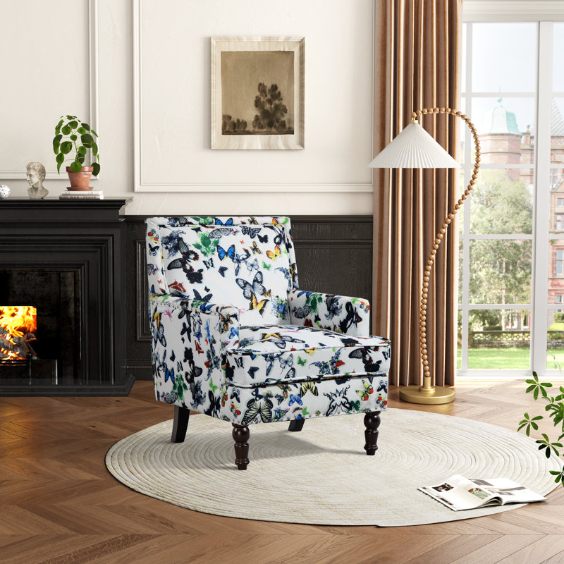 Upholstered Accent Chair With Solid Wood Frame And Turned Legs, White/Multicolor Butterfly Linen