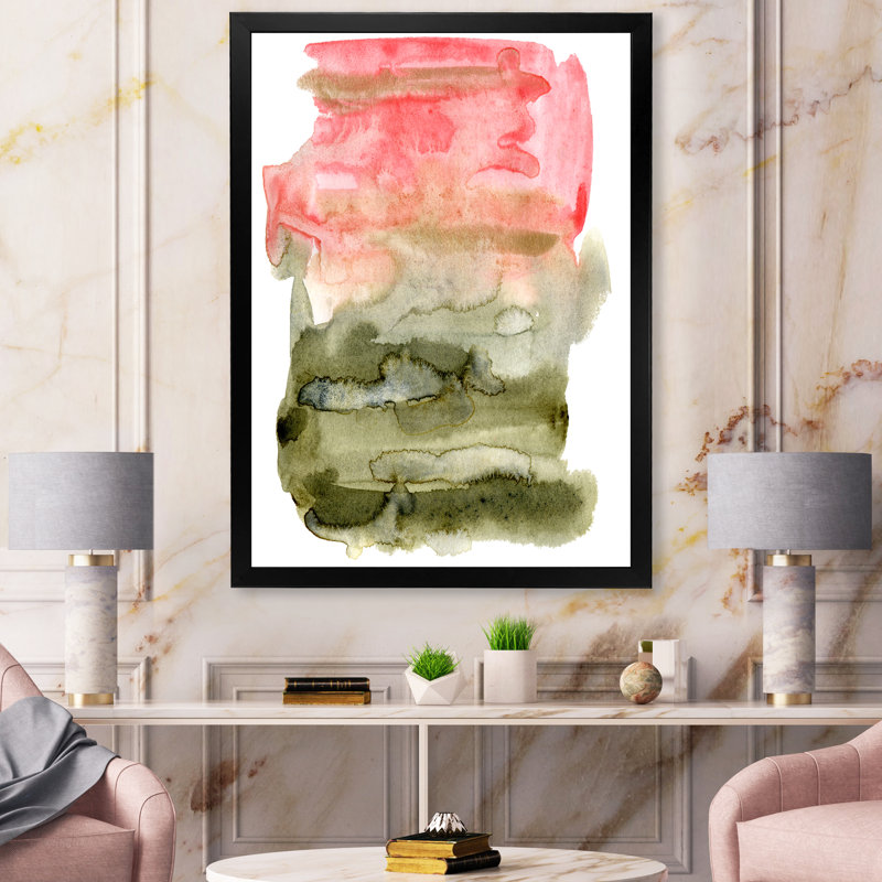 «Pink Red and Green Abstract Clouds», peinture sur toile à cadre flottant, H 20 po x l 12 po x P 1po, Toile avec cadre noir