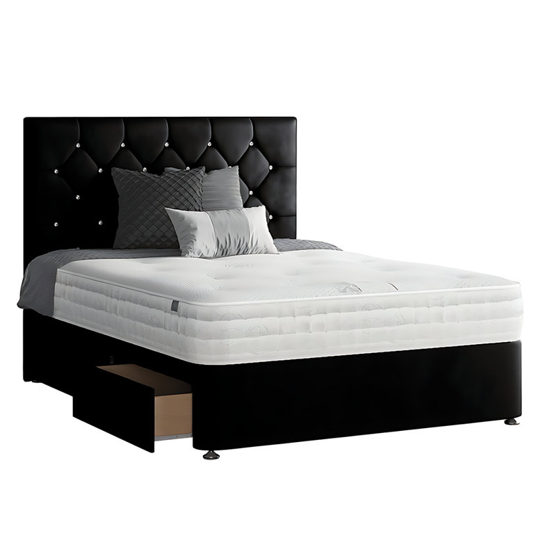 Eberhardt Upholstered Divan Bed, Single (3'), Black, 2 Left Drawers