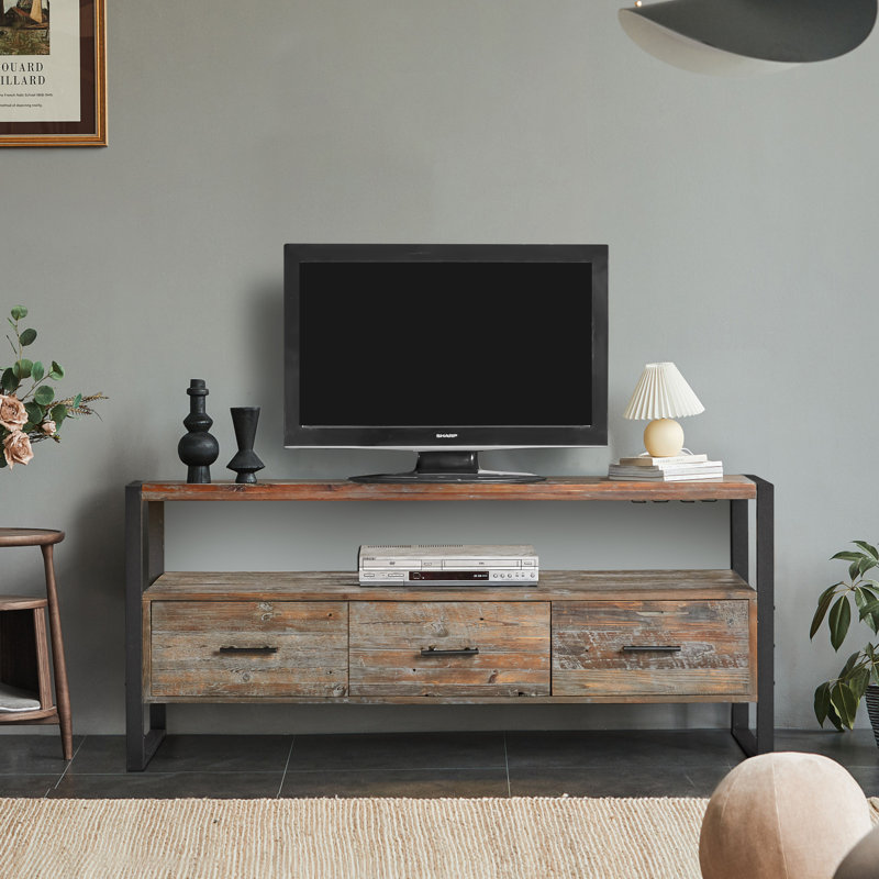 Meuble télé en bois récupéré avec 3 tablettes et plateau ouvert