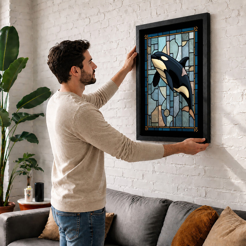 Stained Glass Orca Geometric - Framed Print, Walnut, A4 - 29.7 x 21.0 cm