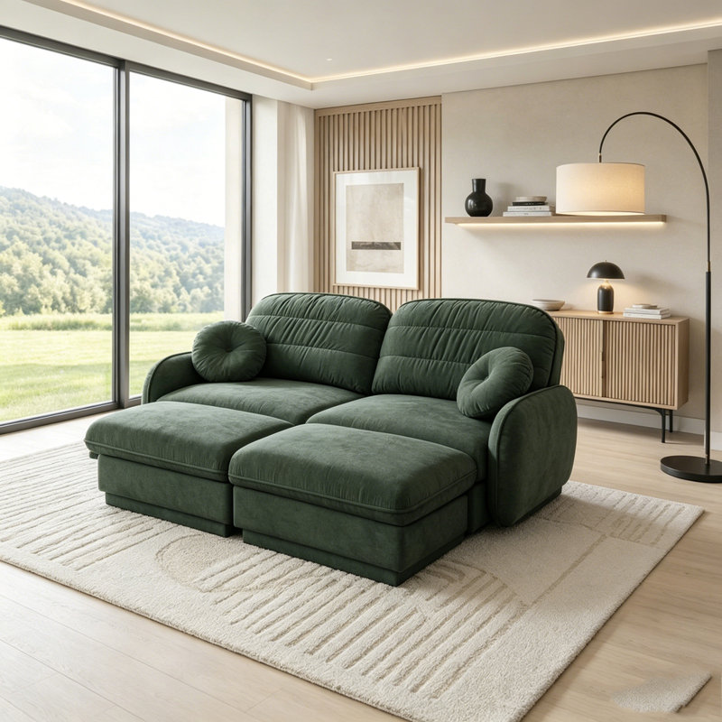 Canapé en chenille Cloud, siège profond avec repose-pieds mobile, Green+2seat+2Ottman