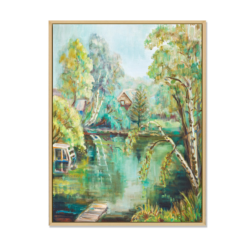 Étang vert en été - Peinture sur toile, H 32 po x l 24 po, Toile avec cadre en érable
