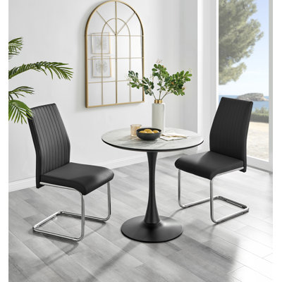 Eubanks White Marble Effect Melamine Round 80cm Dining Table And Chairs - 2 Faux Leather Dining Chairs