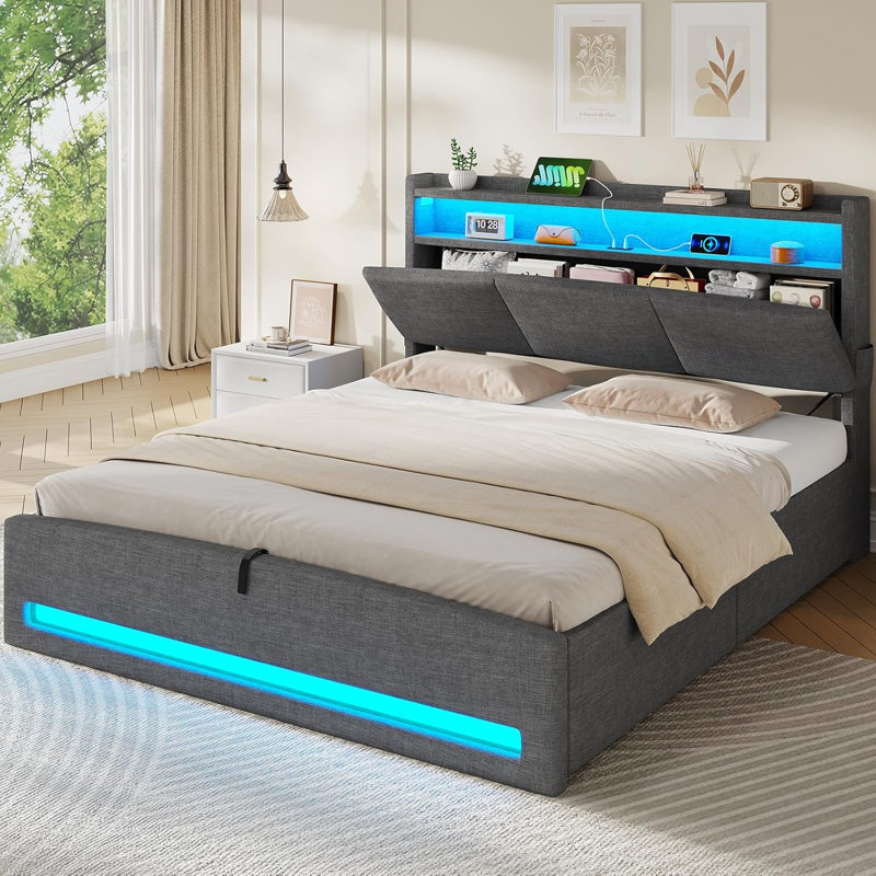 Bed with Hydraulic Storage and Charging Station Upholstered Storage Headboard, Space-saving, Dark Grey, Kingsize (5')