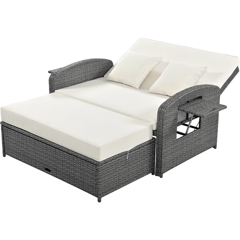 Wicker Rattan Double Chaise Lounge, 2-Person Reclining Daybed with Adjustable Back and Cushions, White