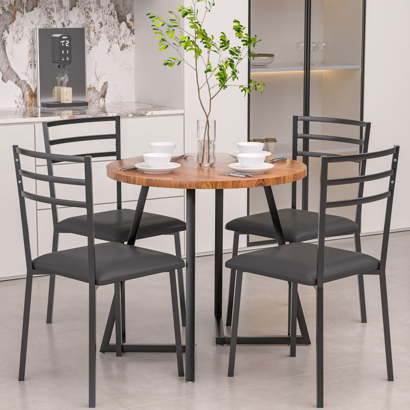 Modern Round Dining Table Set For 4 Dining Room Chair With Metal Legs, Brown, Black