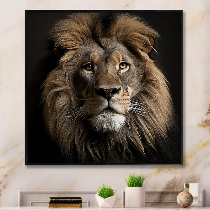 Dark Majestic Lion Portrait - Lion Animal Wall Decor, 16" H x 16" W x 1" D, Black Floater Framed