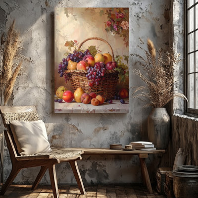 Classical Fruit Basket Still Life Canvasrustic Display With Apples Grapes And Wall Art Canvas Ready To Hang Gallery Wrapped Home Decor