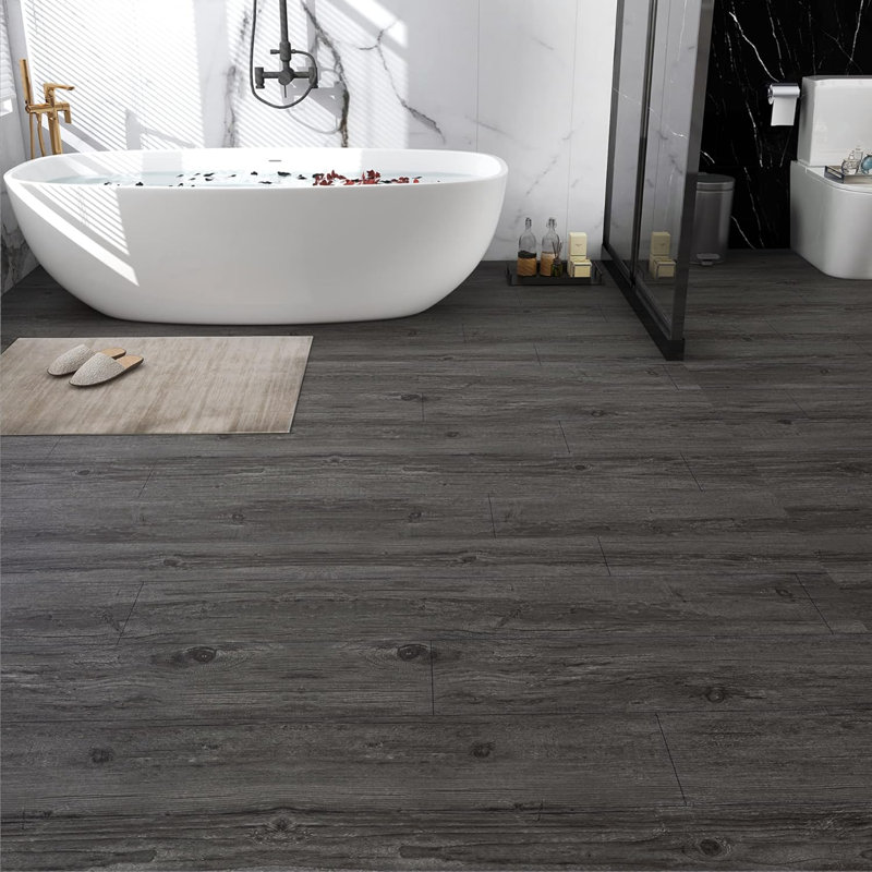 Planches de vinyle auto-adhésives gris foncé à grain de bois 6 po x 36 po