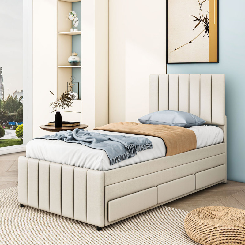 Lit plateforme tapissier avec couchette simple et tiroirs Cuevas Simpkins, Beige, Simple