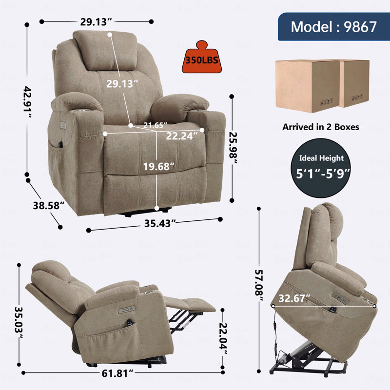 Polyester With Power Lift Function Recliner Chair, With Heavy-Duty Motion Mechanism With 8-Point Vibration With Massage Function And Lumbar With Heating Functioning, With USB Port And With Type-C Port Ports, Stainless Steel With Cup Holders