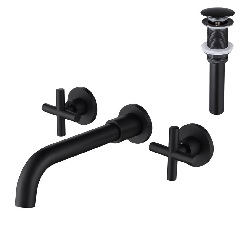 Wall Mounted Dual Handle Bathroom Sink Faucet with Pop-Up Drain (No Overflow)