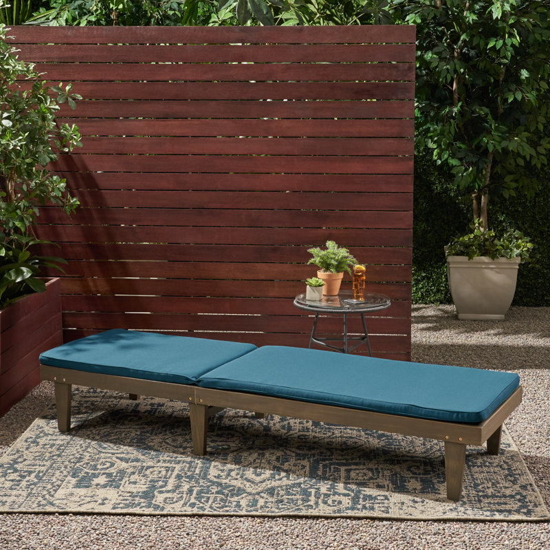 Moulton Outdoor Acacia Wood Chaise Lounge , Cushion Included, Gray Frame / Blue Cushion