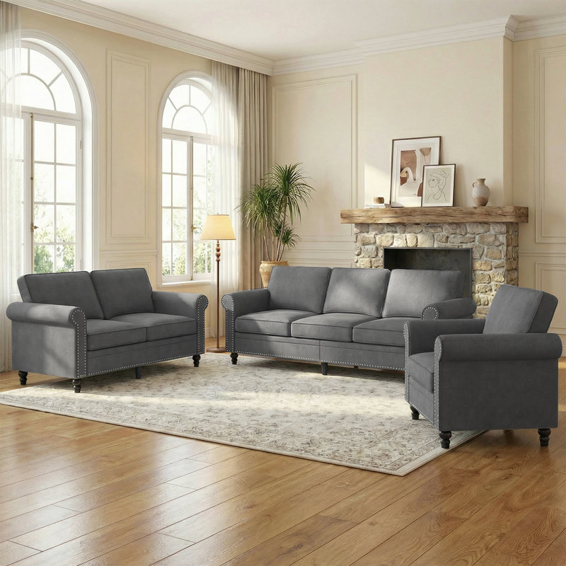 Ensemble de canapé en lin 3 pièces avec coussin épais et pieds en bois massif lin gris foncé, Gris foncé