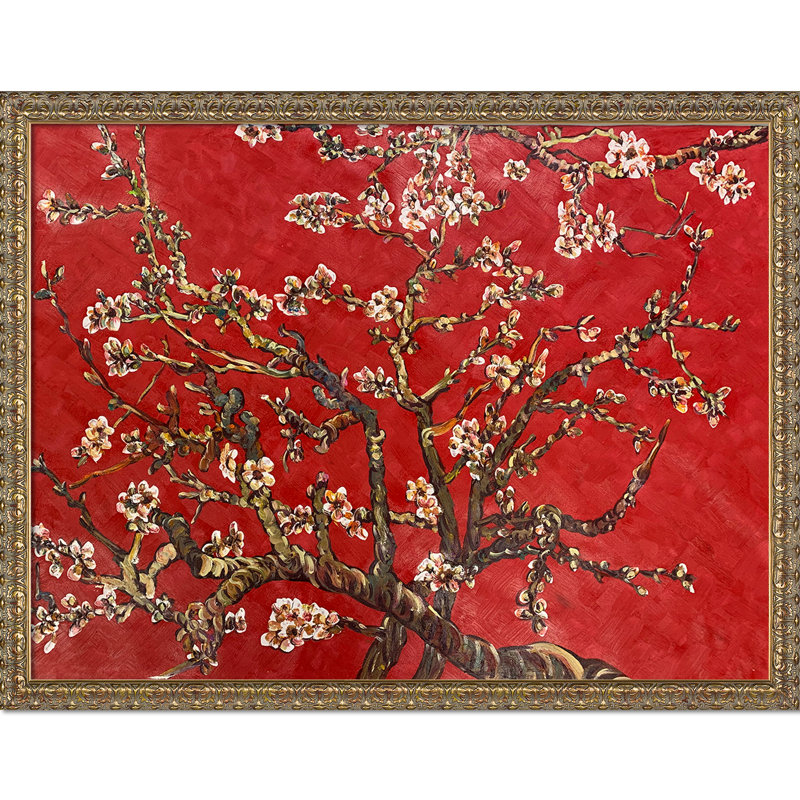 Branches d’un amande en fleur par vincent van gogh, peinture encadrée en rouge, H 40 po x l 52 po x P 2 po