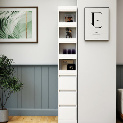 Armoire de rangement H 71,14 po à 4 niveaux avec 3 tiroirs latéraux et petites tablettes blanches pour un espace de bureau idéal