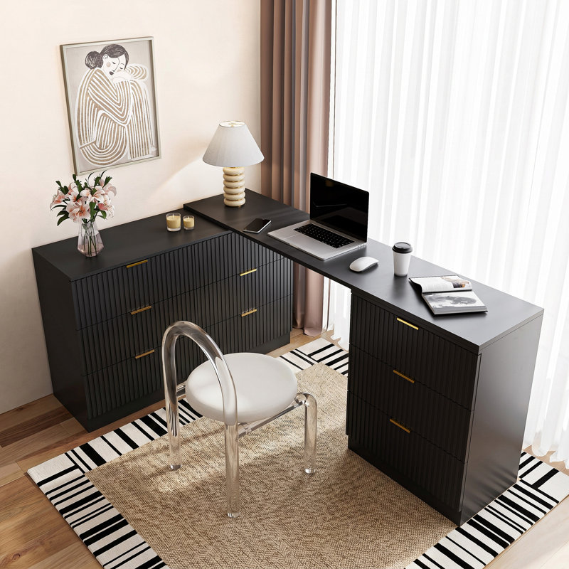 L-Shaped Home Office Desk, Extendable Dresser With 9 Drawers, Black