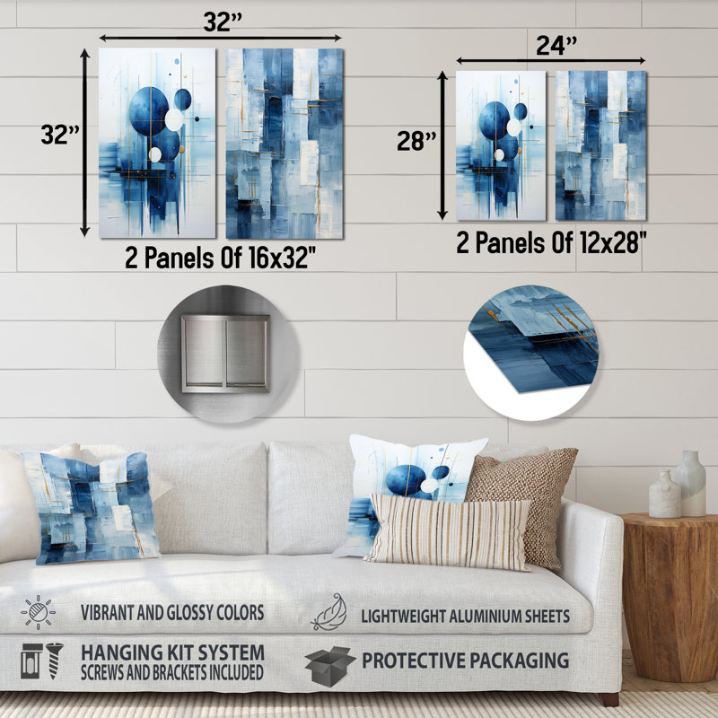 «Blue and White Nautical Shapes I - Coastal Minimalisme», ensemble de 2 reproductions d'art mural en métal, H 28 po x l 24 po